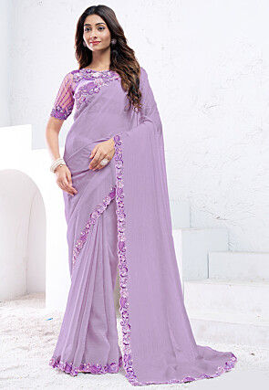 Embroidered Border Crepe Silk Saree in Light Purple