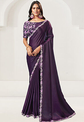 Embroidered Border Crepe Silk Saree in Purple