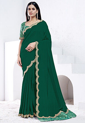 Embroidered Border Crepe Silk Scalloped Saree in Green