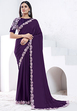 Embroidered Border Crepe Silk Scalloped Saree in Purple