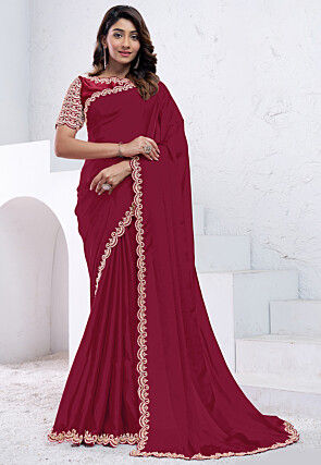 Embroidered Border Crepe Silk Scalloped Saree in Red