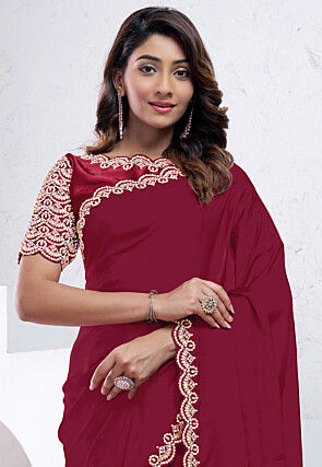 Embroidered Border Crepe Silk Scalloped Saree in Red