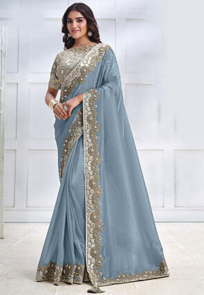 Embroidered Border Crushed Art Silk Saree in Blue