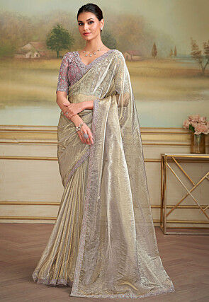 Embroidered Border Crushed Art Silk Scalloped Saree in Beige