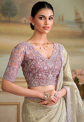 Embroidered Border Crushed Art Silk Scalloped Saree in Beige