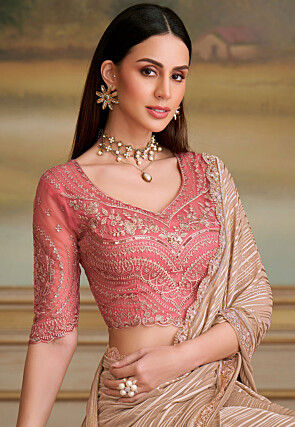 Embroidered Border Georgette Brasso Scalloped Saree in Beige