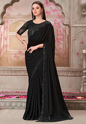 Embroidered Border Georgette Brasso Scalloped Saree in Black