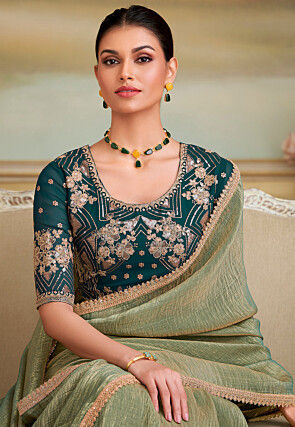 Embroidered Border Georgette Crush Saree in Dusty Green
