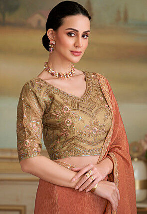 Embroidered Border Georgette Crush Saree in Pastel Orange