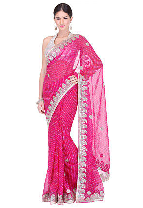 Embroidered Border Georgette Lehariya Saree in Fuchsia