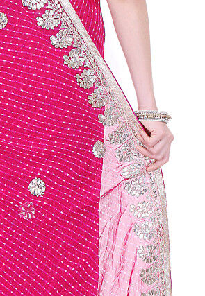 Embroidered Border Georgette Lehariya Saree in Fuchsia
