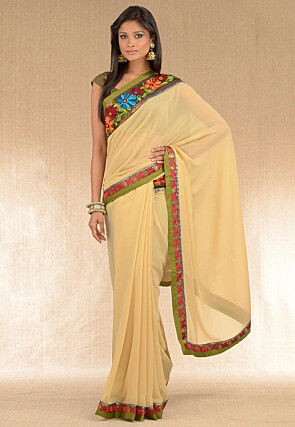 Embroidered Border Georgette Saree in Beige