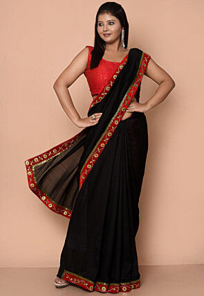 Embroidered Border Georgette Saree in Black