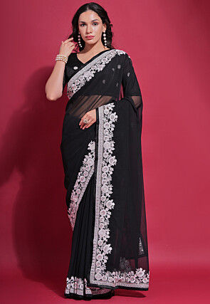 Ethnic Black ,Pink Georgette Saree With Blouse Piece (Pack Of 2)