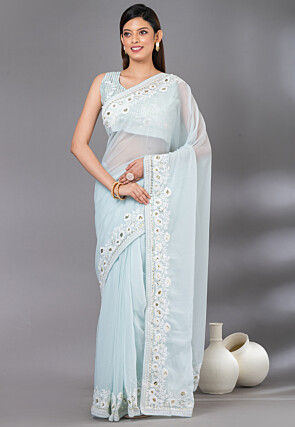 Embroidered Border Georgette Saree in Blue