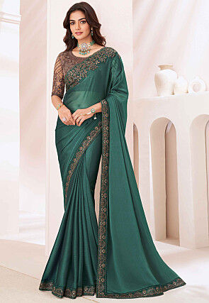 Embroidered Border Georgette Saree in Dark Teal Green