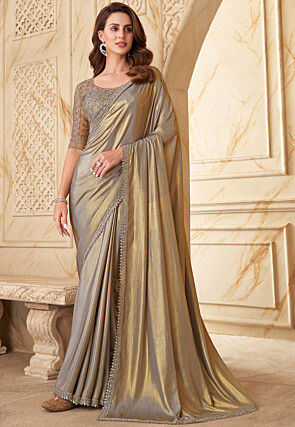 Embroidered Border Georgette Saree in Fawn