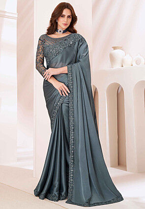 Embroidered Border Georgette Saree in Grey
