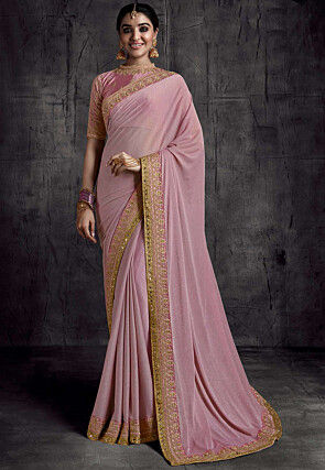Embroidered Border Georgette Saree in Light Pink
