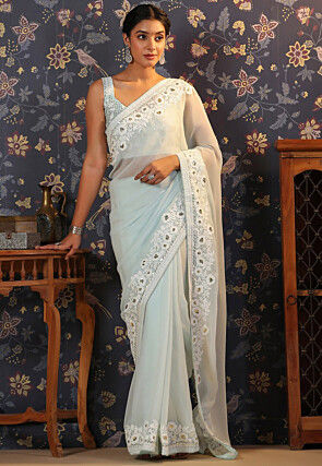 Embroidered Border Georgette Saree in Light Sky Blue