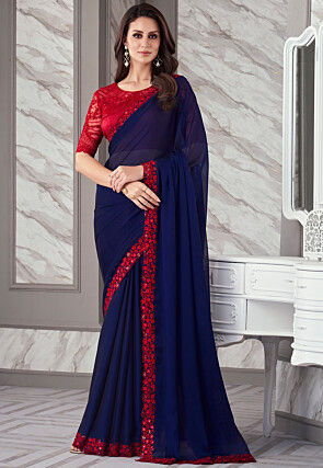 Embroidered Border Georgette Saree in Navy Blue