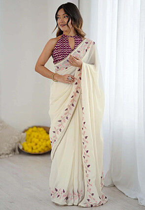 Embroidered Border Georgette Saree in Off White