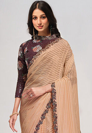 Embroidered Border Georgette Saree in Peach