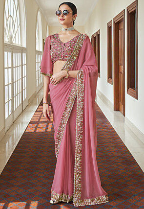 Embroidered Border Georgette Saree in Pink