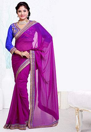 Embroidered Border Georgette Saree in Purple