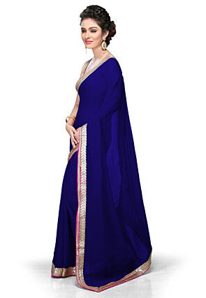 Embroidered Border Georgette Saree in Royal Blue