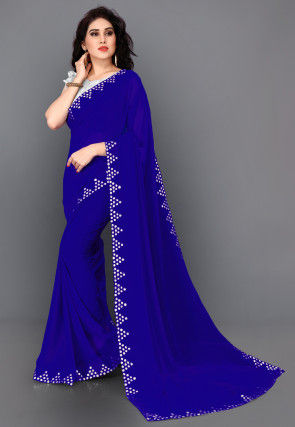 Embroidered Border Georgette Saree in Royal Blue
