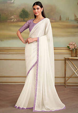 Embroidered Border Georgette Saree in White