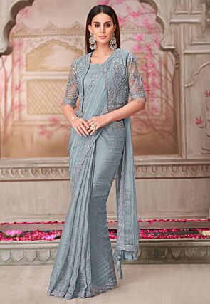 Embroidered Border Georgette Scalloped Saree in Grey