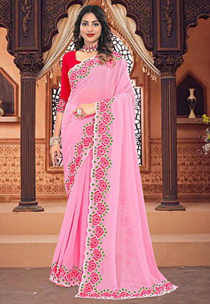 Embroidered Border Georgette Scalloped Saree in Pink