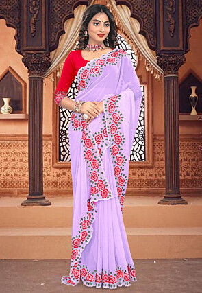Embroidered Border Georgette Scalloped Saree in Purple