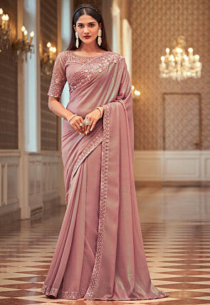 Buy Online In India, Dusty Pink Saree with Heavy Sequin Border