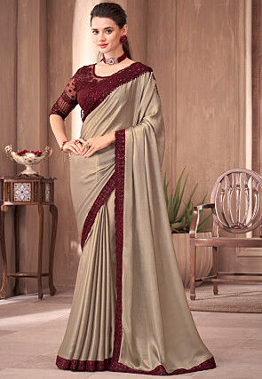 Embroidered Border Georgette Shimmer Saree in Light Fawn