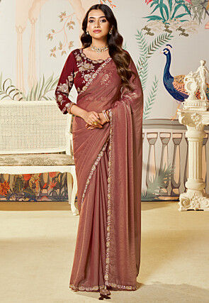 Embroidered Border Georgette Shimmer Saree in Old Rose