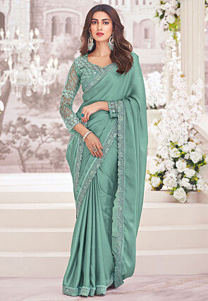 Embroidered Border Georgette Shimmer Saree in Sea Green