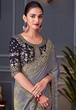 Embroidered Border Georgette Silk Saree in Dusty Purple