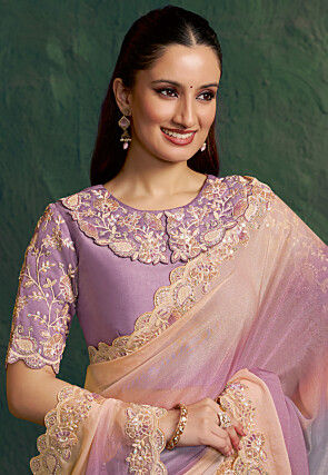 Embroidered Border Georgette Silk Saree in Multicolor