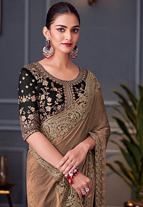 Embroidered Border Chinon Chiffon Saree in Peach