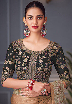 Embroidered Border Chinon Chiffon Saree in Peach