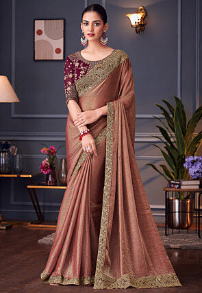 Embroidered Border Chinon Chiffon Saree in Peach