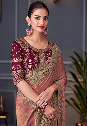 Embroidered Border Chinon Chiffon Saree in Peach