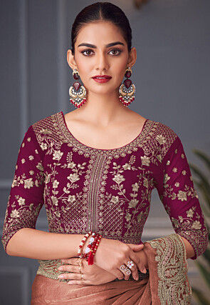 Embroidered Border Chinon Chiffon Saree in Peach