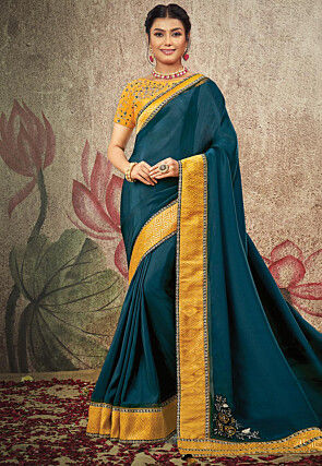 Embroidered Border Georgette Silk Saree in Teal Blue