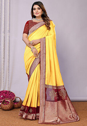 Embroidered Border Georgette Silk Saree in Yellow