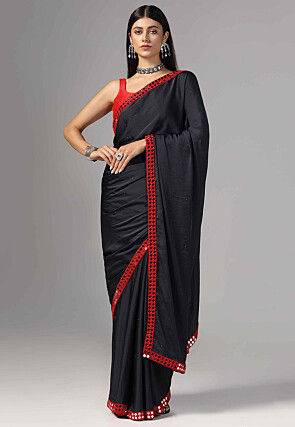 Embroidered Border Modal Satin Saree in Dark Blue