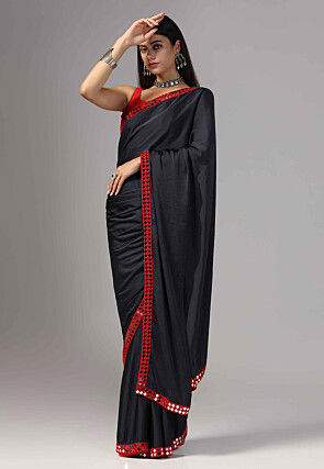 Embroidered Border Modal Satin Saree in Dark Blue